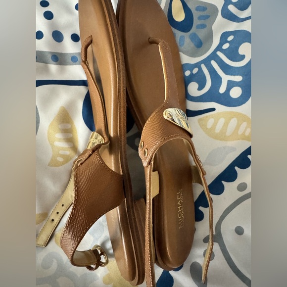 Michael Kors Brown T-Strap Sandals with Gold Accents - Picture 2 of 4